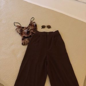 Stradivarius Petite Wide Leg Pants Chocolate Brown